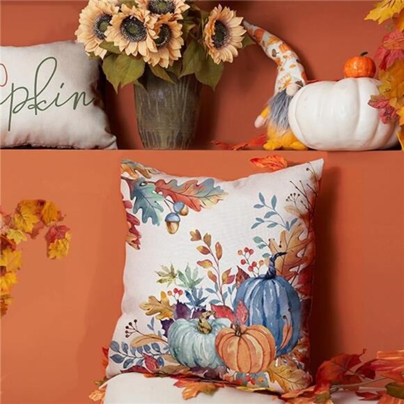 18x18 inch Set of 2 Blue and Green Watercolor Pumpkin Leaf‎ Throw Pillow Covers - Picture 2 of 6